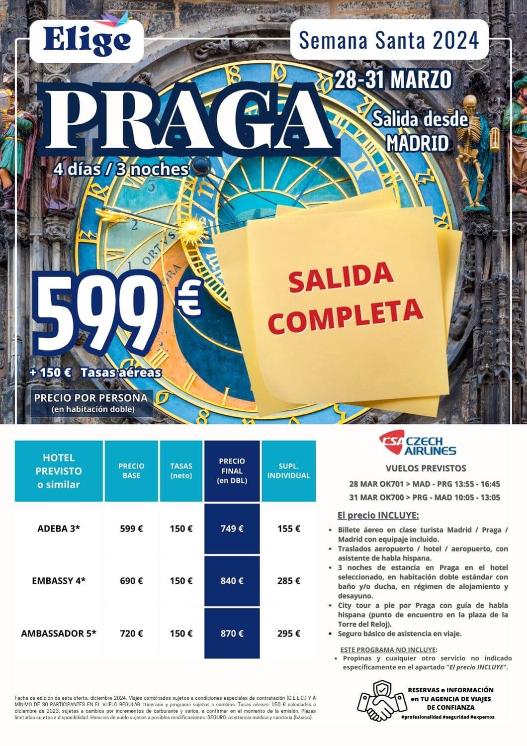 PRAGA, Semana Santa 2024 , 4 días-3 noches, con vuelos directos desde Madrid, 3 noches de hotel, traslados y city tour con guía de habla hispana para Agencias de Viajes con Elige tu Viaje.